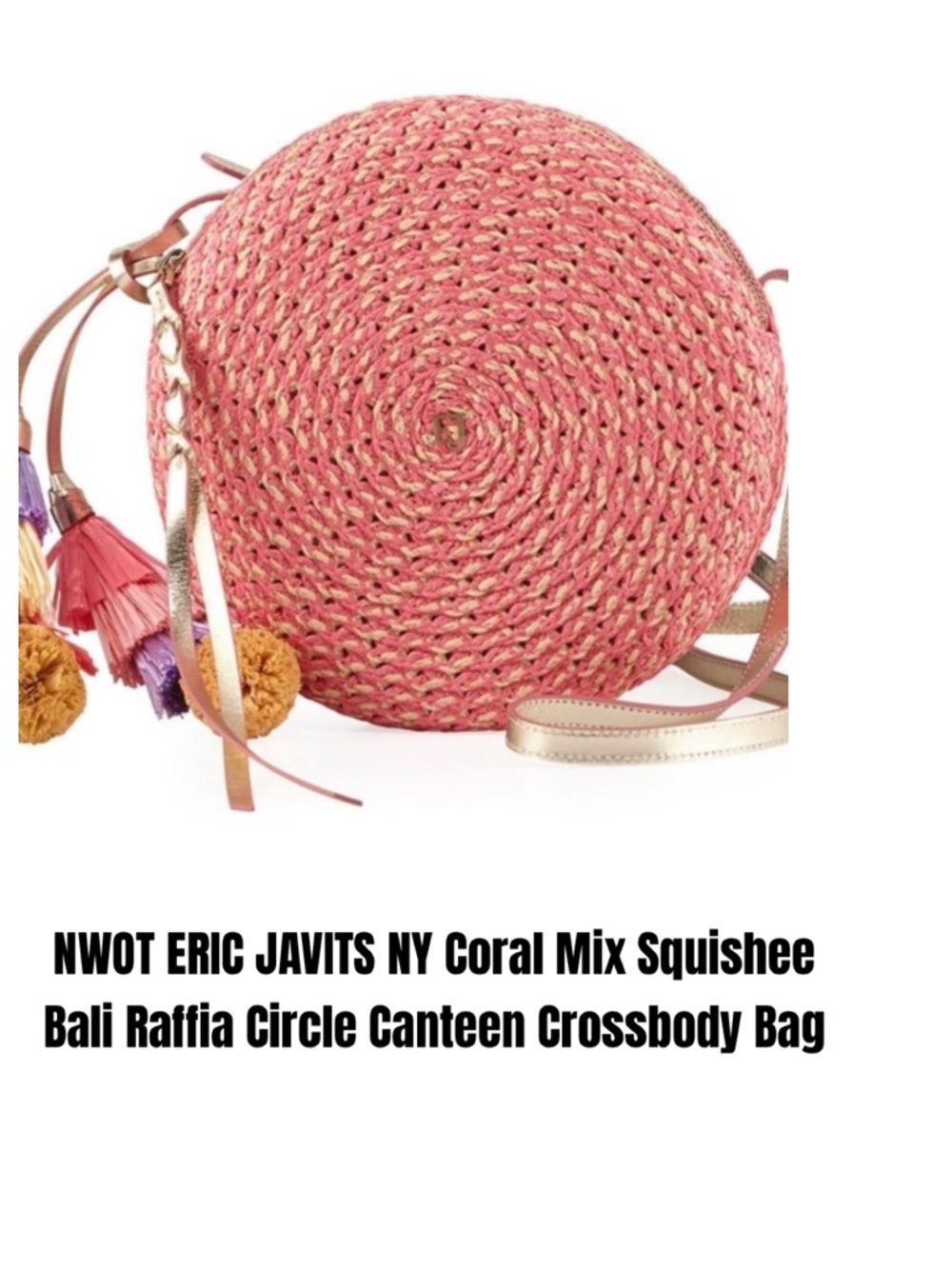 ERIC JAVITS NY Coral Mix Squishee Bali Raffia Circle Canteen Crossbody Bag